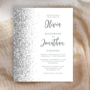 Budget White Silver Glitter Script Wedding Invite