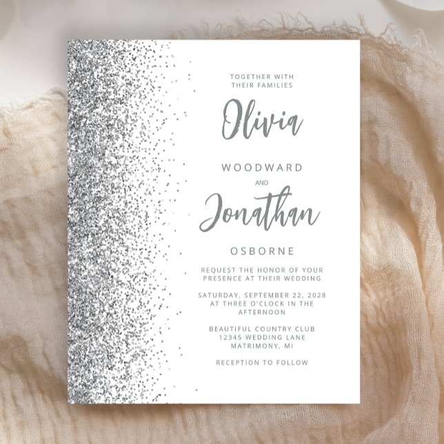 Budget White Silver Glitter Script Wedding Invite (Creator Uploaded)