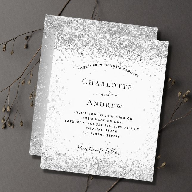 Budget white silver glitter wedding invitation (Creator Uploaded)