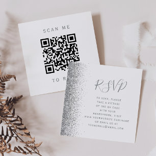 Budget White Silver Glitter Wedding QR Code RSVP Enclosure Card