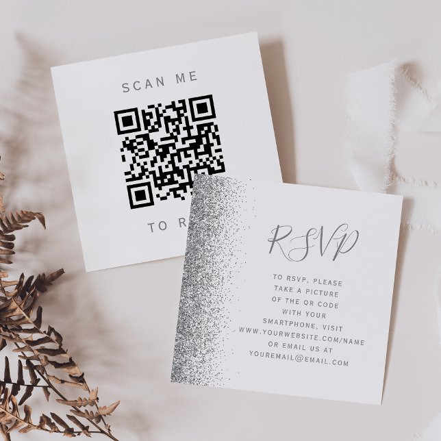 Budget White Silver Glitter Wedding QR Code RSVP Enclosure Card (Creator Uploaded)
