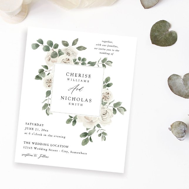 Budget White Soft Floral & Eucalyptus Wedding Flyer (Creator Uploaded)