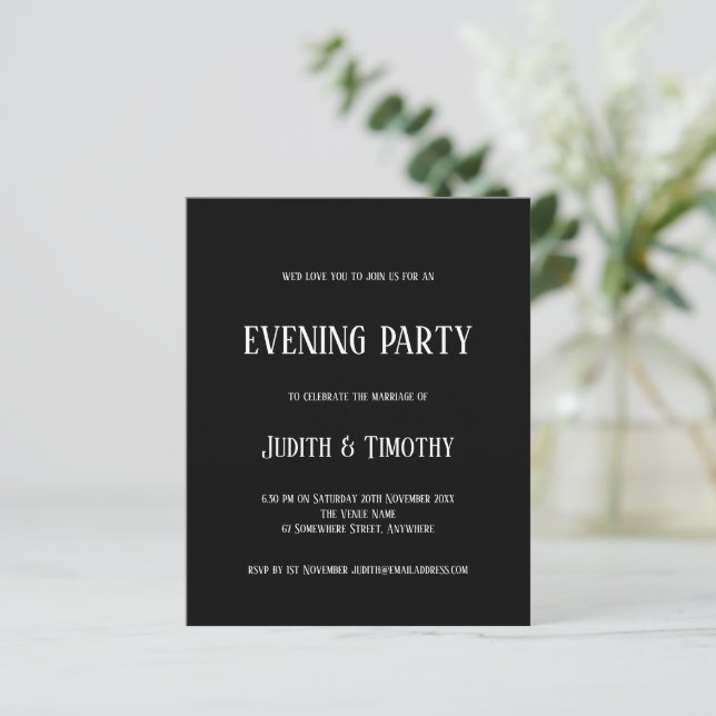 Budget White Text Black Evening Party Invitation (Standing Front)