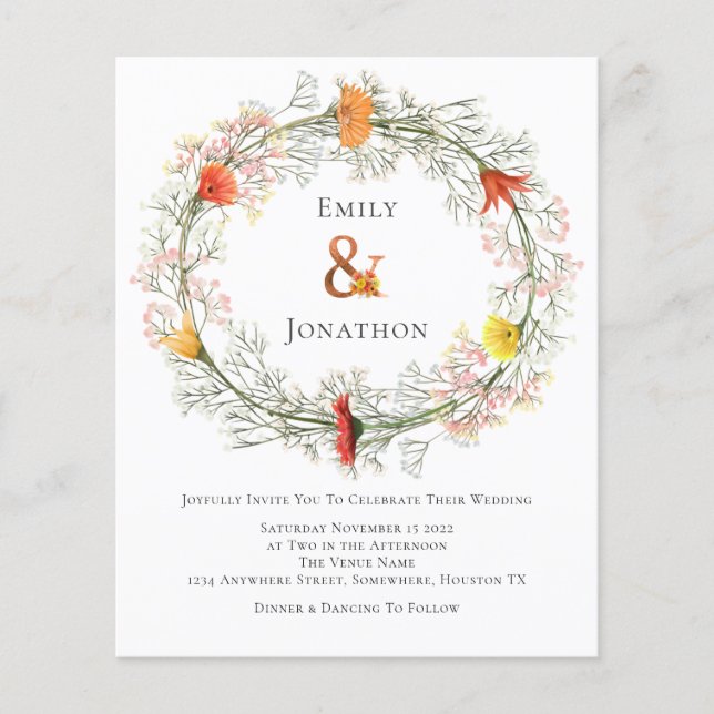 Budget Wild Flower Wreath Fall Wedding Invitation (Front)