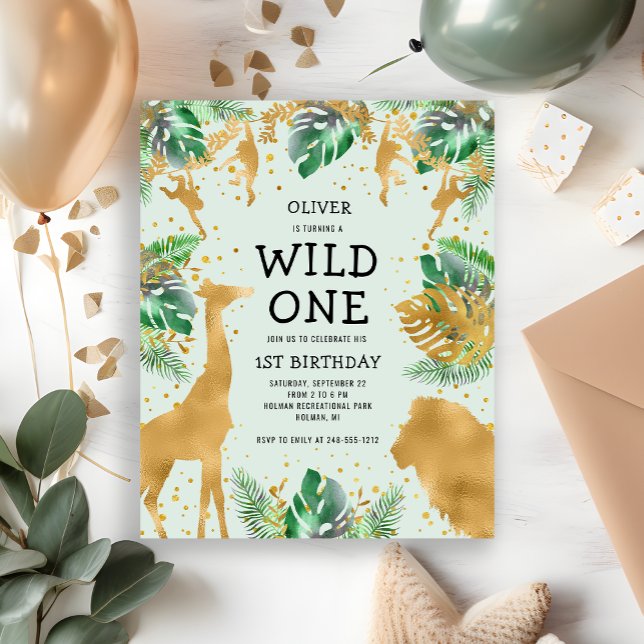 Budget Wild One Green Gold Safari Invitation (Creator Uploaded)