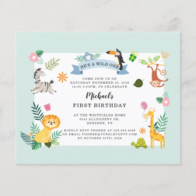 Budget Wild One Jungle Safari Animal 1st Birthday (Front)