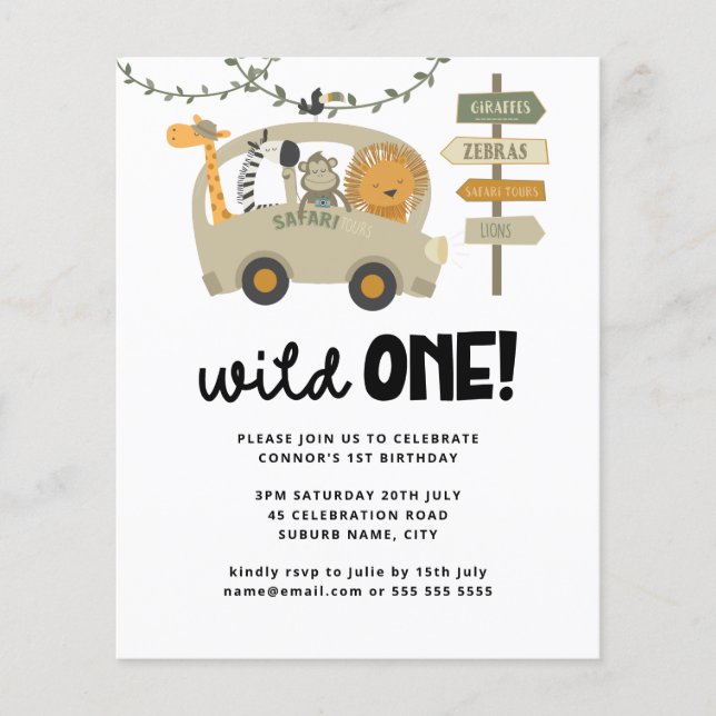 Budget Wild One Safari Animals 1st Birthday Invite (Front)