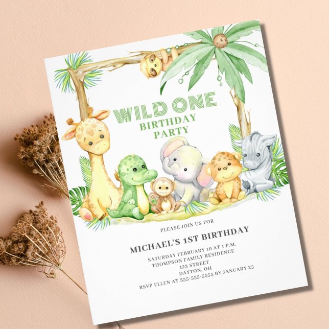 Budget Wild One Safari Animals Birthday Invitation Flyer (Creator Uploaded)