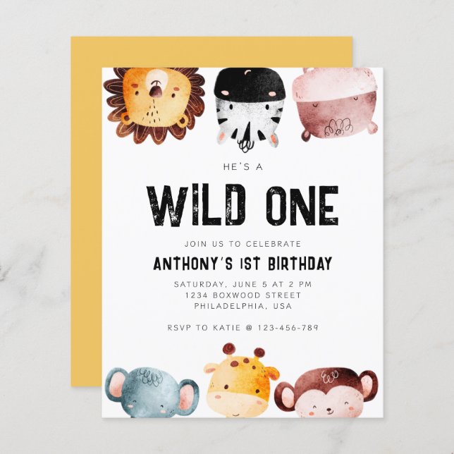 Budget Wild One Safari Animals First Birthday (Front/Back)