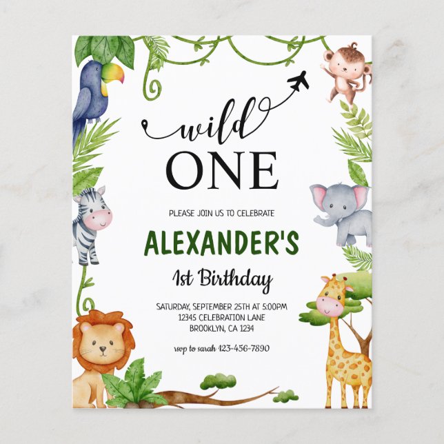 Budget Wild One Safari Jungle Animals Birthday (Front)