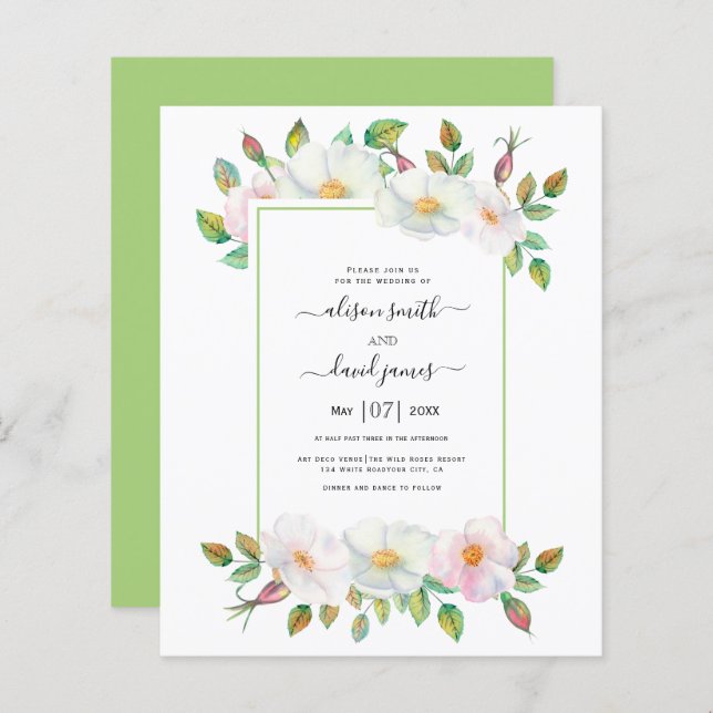 BUDGET Wild rose floral green wedding invitation (Front/Back)