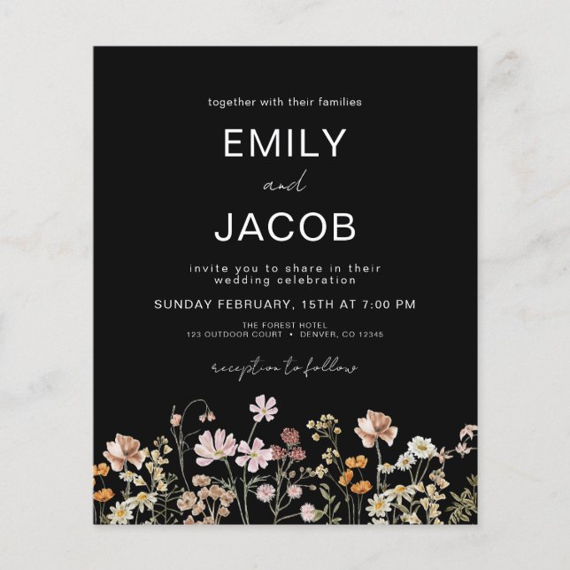 Budget Wildflower Boho Black Botanical Wedding Flyer (Front)