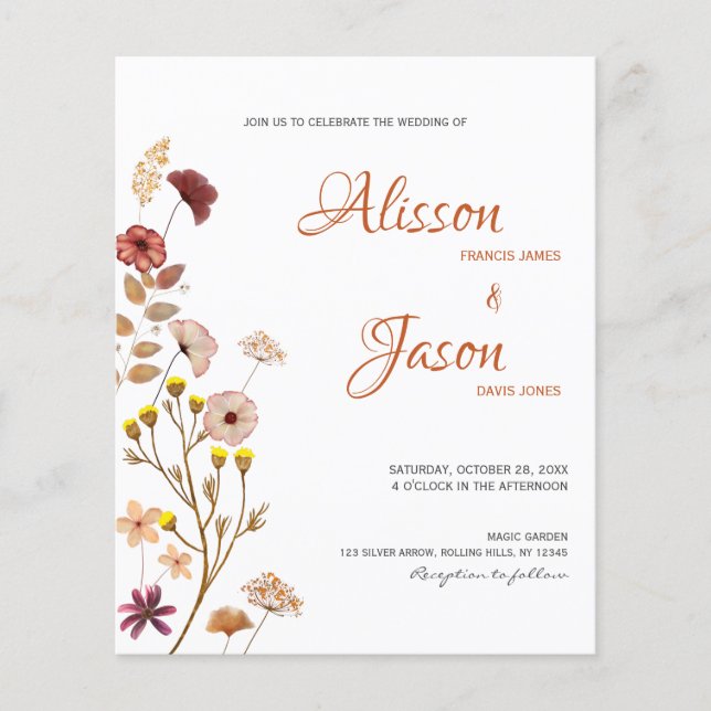Budget Wildflower Fall Wedding Invitation (Front)