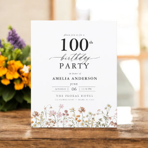 Budget Wildflower Floral 100th Birthday Invitation Flyer