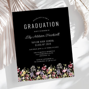 Budget Wildflowers Black Grad Party Invite