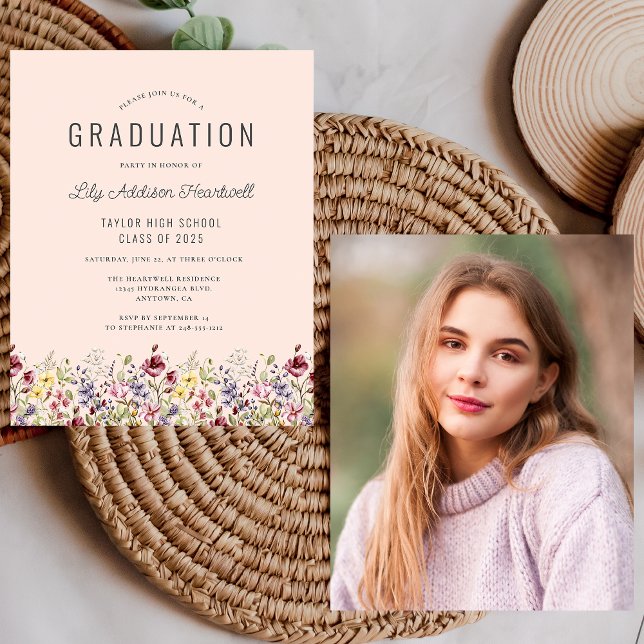 Budget Wildflowers Photo Blush Grad Party Invite (Creator Uploaded)