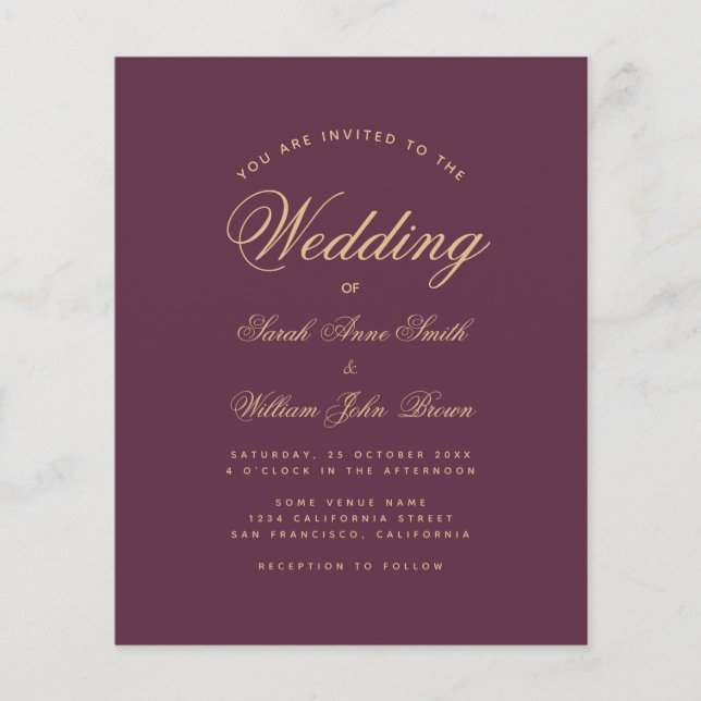 Budget Wine Colour Golden Script Wedding Invitatio (Front)