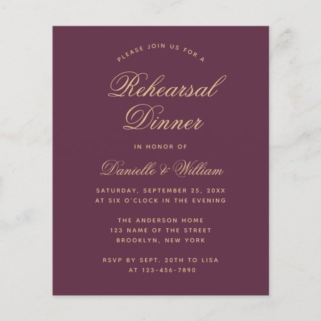 Budget Wine Colour Rehearsal Dinner Invitation  (Front)