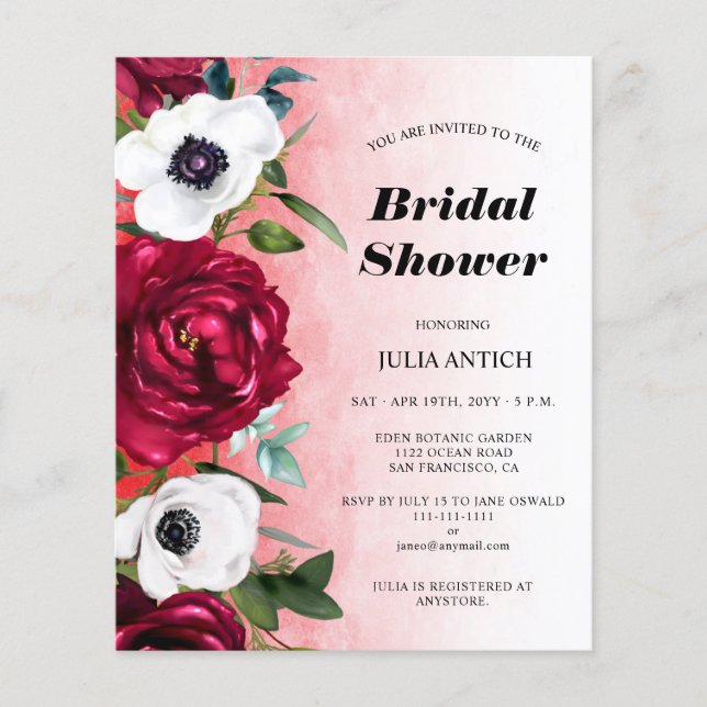 Budget Wine Red Floral Bridal Shower Invitation (Front)