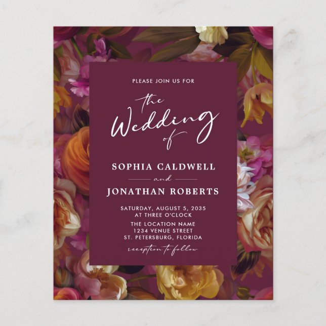 Budget Wineberry Floral QR Code Wedding Invitation (Front)