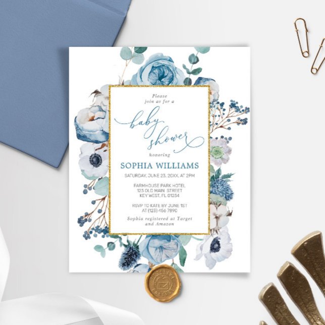 Budget Winter Blue Rose Baby Shower Invitation (Creator Uploaded)