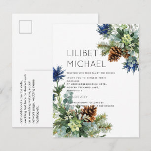 BUDGET  Winter Blue Thistle Eucalyptus Wedding Postcard