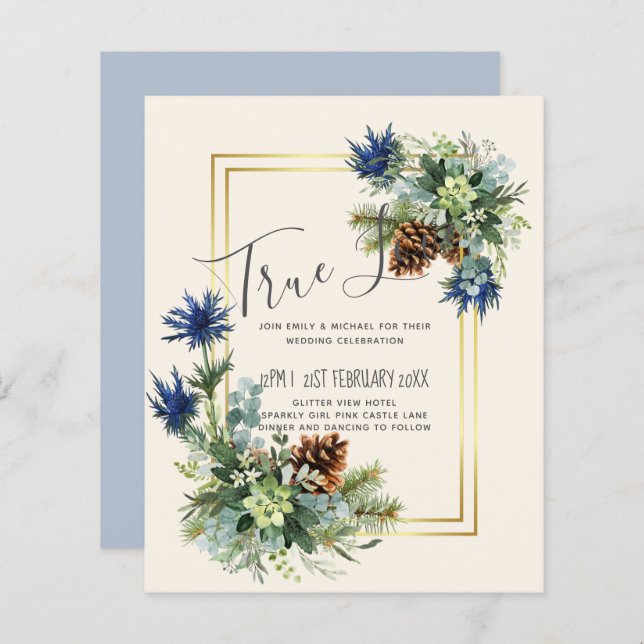 BUDGET  Winter Blue Thistle Wedding Invites (Front/Back)