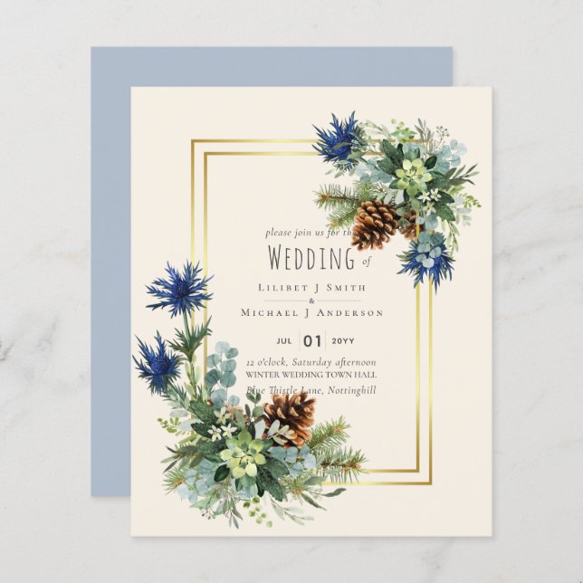 BUDGET  Winter Blue Thistle Wedding Invites (Front/Back)