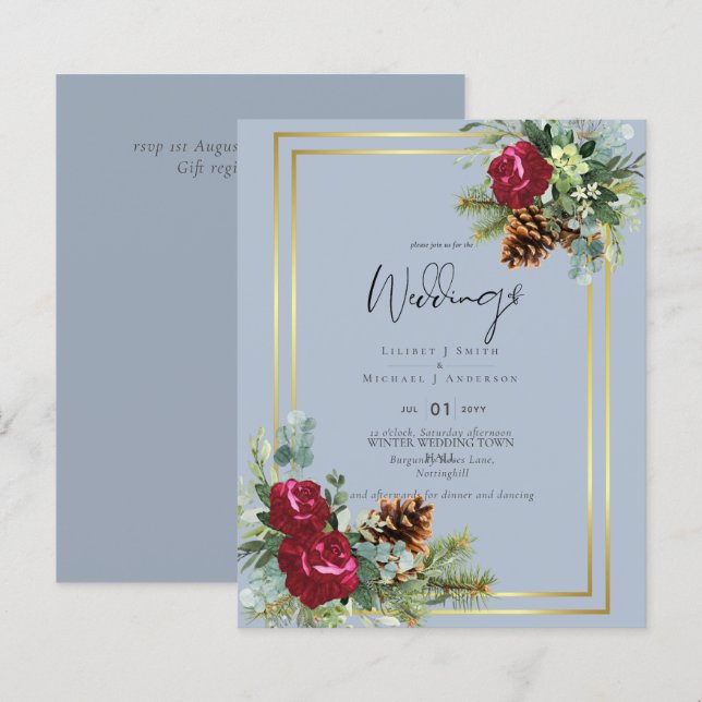 BUDGET  Winter Blue Thistle Wedding Invites (Front/Back)