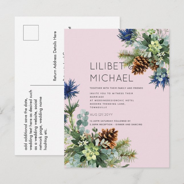 BUDGET  Winter Blue Thistle Wedding Postcard (Front/Back)