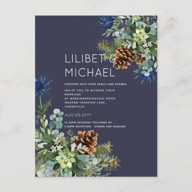 BUDGET  Winter Blue Thistle Wedding Postcard (Front)