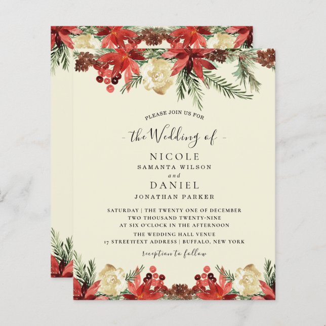 Budget Winter Christmas Burgundy Wedding Flyer (Front/Back)