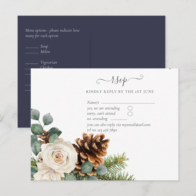 BUDGET Winter Eucalyptus Pine Cones Wedding Postcard (Front/Back)
