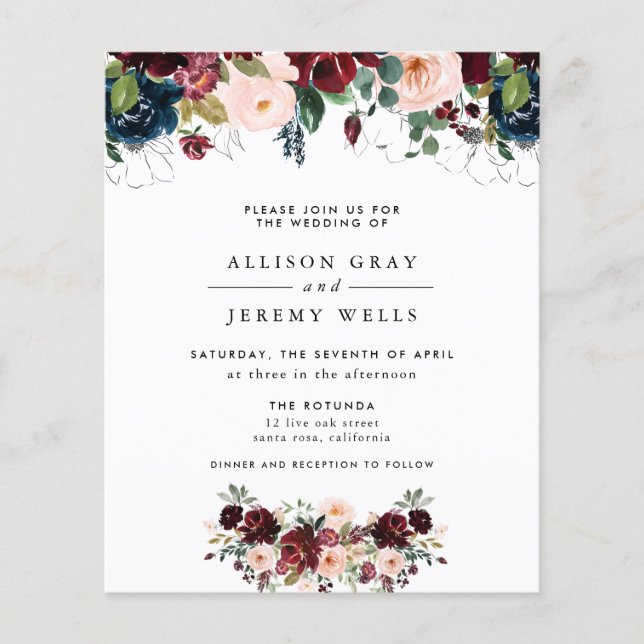 Budget Winter Floral Wedding Invitation Flyer (Front)