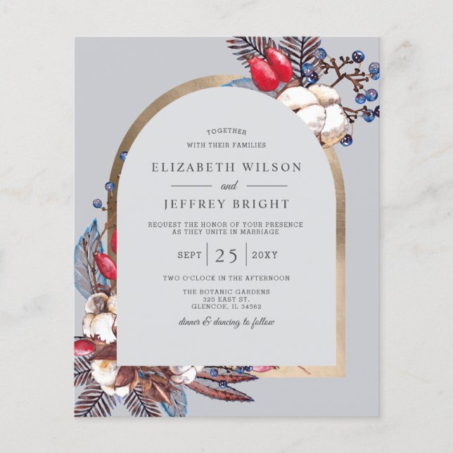 Budget Winter Florals Arched Wedding Invitation (Front)