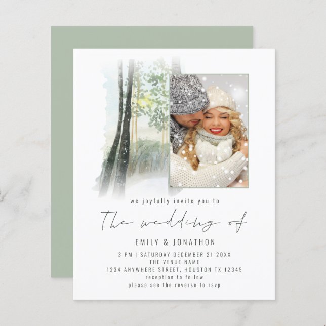 Budget Winter Forest Photo QR Code Sage Wedding (Front/Back)