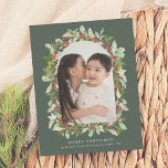 Budget Winter Garden Greenery Christmas 1 Photo<br><div class="desc">Celebrate the holiday season with our elegant "Winter Garden" Christmas photo budget cards. A festive green card, featuring a single arch photo framed by hand-painted watercolor greenery, this design is a modern take on a traditional theme. The watercolor floral arrangement includes red winter berries, holly, pine, mistletoe foliage, and pampas...</div>
