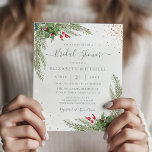 Budget Winter Greenery Bridal Shower Invitation<br><div class="desc">Beautiful affordable bridal shower invitation featuring hand-painted botanical watercolor illustrations of winter greenery,  pine and spruce branches,  cones and holly berries with gold glitter. Perfect choice for winter or Christmas holiday themed weddings.</div>