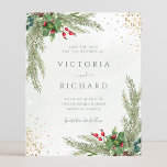 Budget Winter Holiday Greenery Save The Date<br><div class="desc">Beautiful affordable Save the date card featuring hand-painted botanical watercolor illustrations of winter greenery,  pine and spruce branches,  cones and holly berries with gold glitter. Perfect choice for winter or Christmas holiday themed weddings.</div>