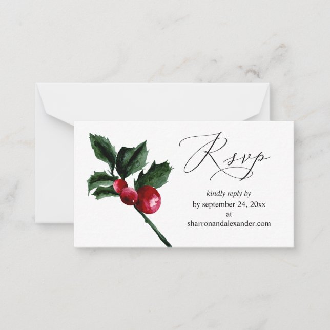 Budget Winter Holly Berry 2SM Meal RSVP Note Card (Front)