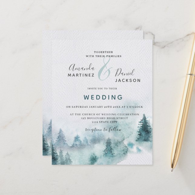 Budget Winter Mountain Forest Wedding Invitation (Front/Back In Situ)