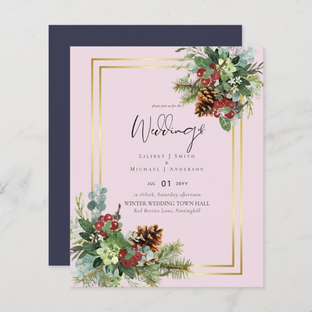 BUDGET  Winter Red Berries Pine Cones Wedding (Front/Back)