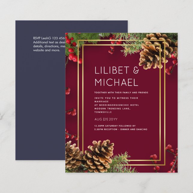 BUDGET  Winter Red Berries Pine Cones Wedding (Front/Back)