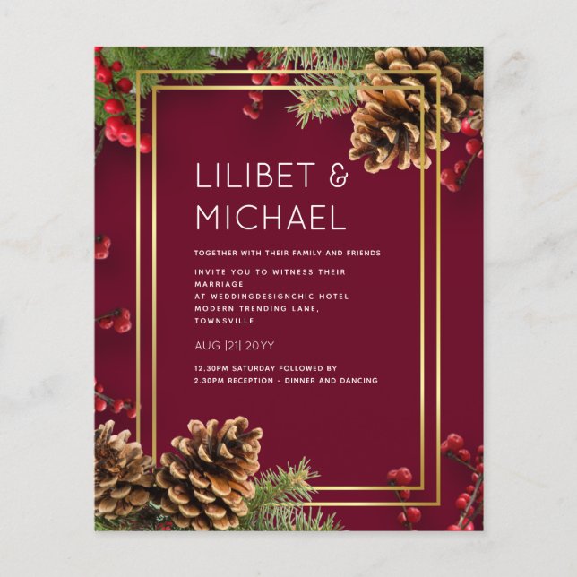BUDGET  Winter Red Berries Pine Cones Wedding Flyer (Front)