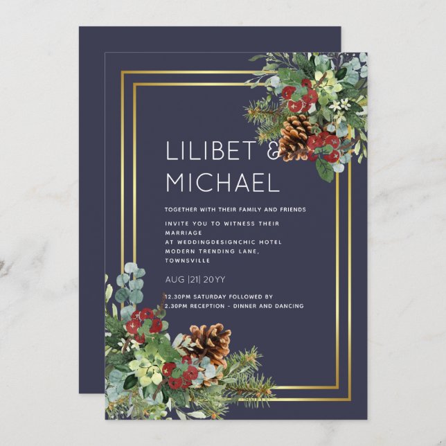 BUDGET  Winter Red Berries Pine Cones Wedding Invitation (Front/Back)