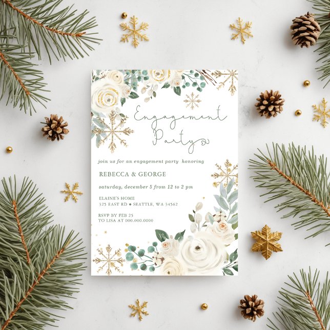 Budget Winter Snowflake Floral Engagement (Christmas Winter Snowflake Floral Engagement Invitation)