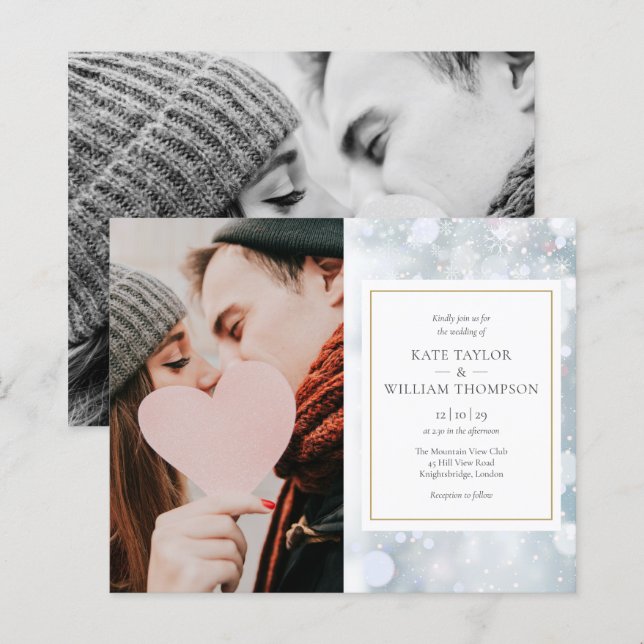 Budget Winter Snowflakes Photos Wedding Invitation (Front/Back)