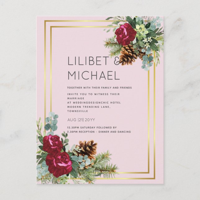 BUDGET  Winter Wedding Burgundy Roses Eucalyptus Postcard (Front)
