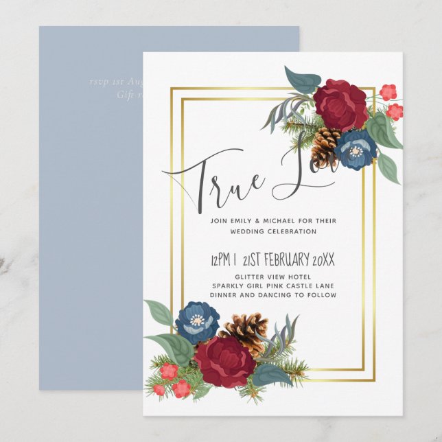 BUDGET  Winter Wedding Burgundy Teal Blue Modern (Front/Back)