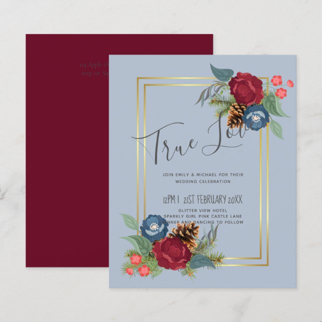 BUDGET  Winter Wedding Burgundy Teal Blue Modern (Front/Back)